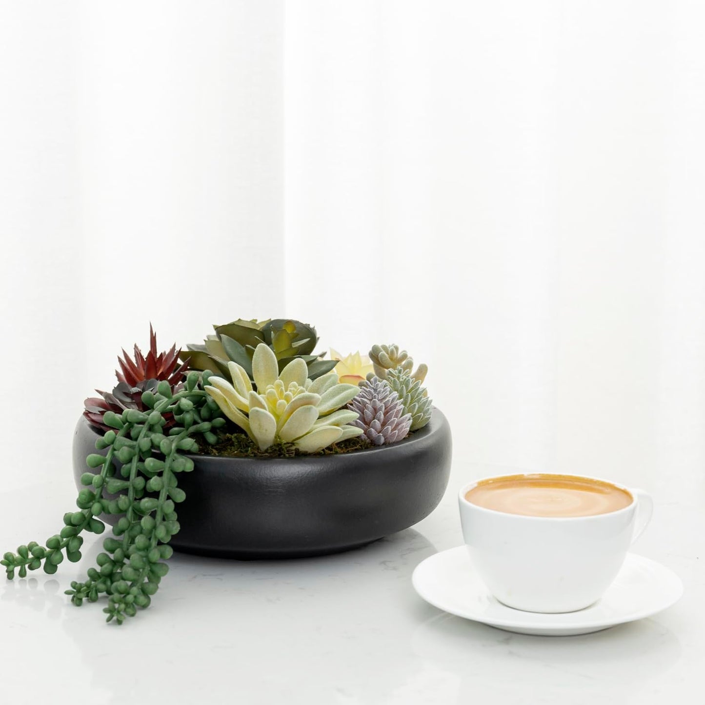 MyGift 8-Inch Artificial Succulent Plant Arrangement, Assorted Fake Plants in Modern Black Round Concrete Planter Bowl