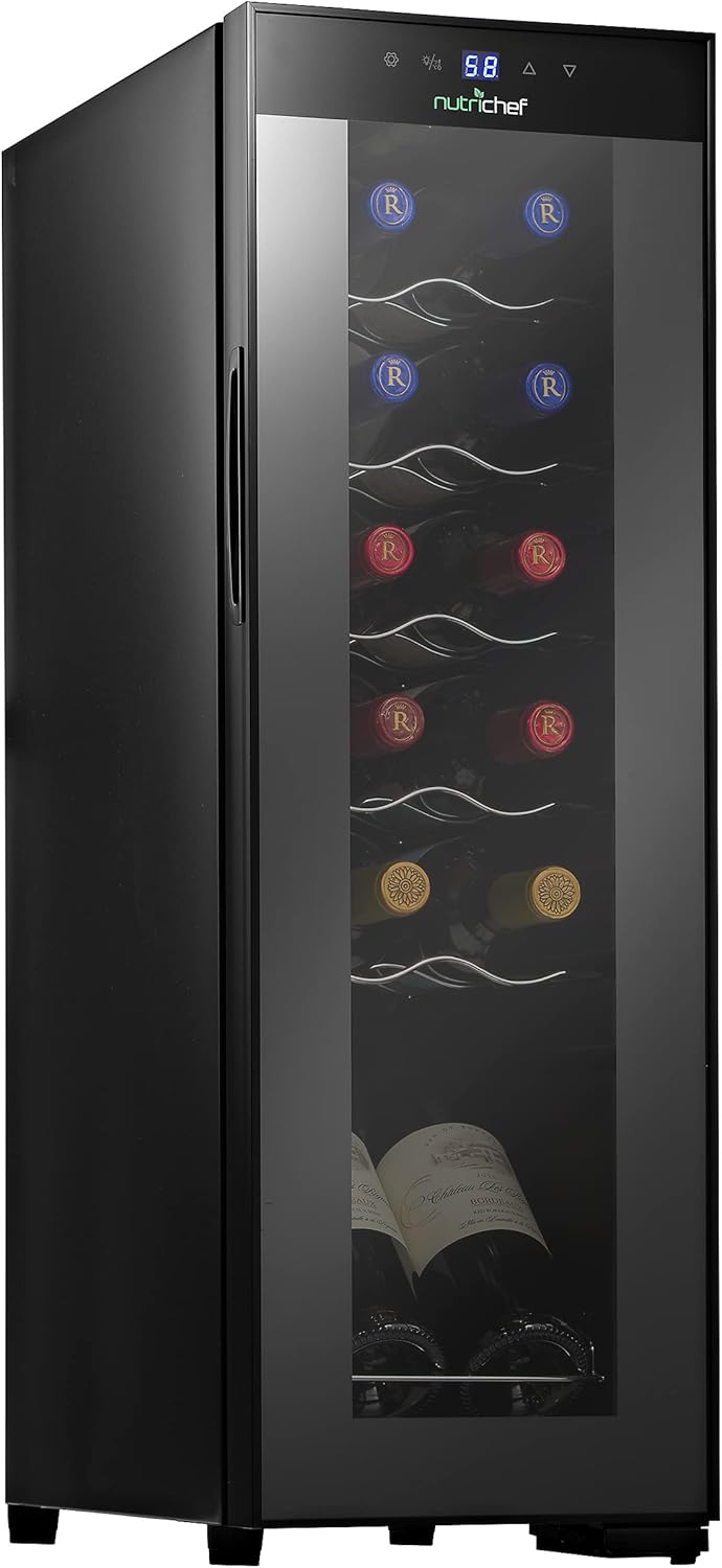 NutriChef PKCWC120 White & Red Cooler-Freestanding Countertop Compact Mini Wine Fridge Chiller Capacity, Digital Control, Glass Door, 12 Bottle-Black