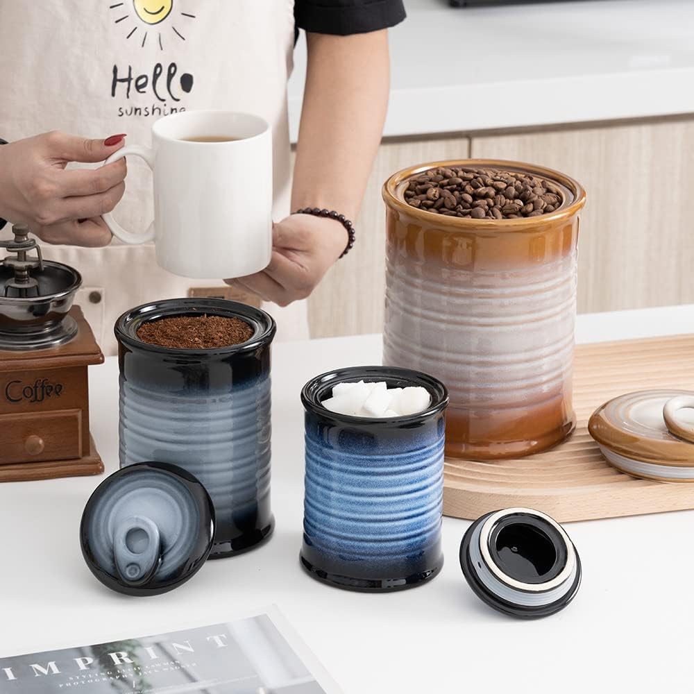 Nihow Food Storage Jar Sets: Ceramic Container with Air Tight Lid for Flour/Sugar/Rice/Coffee/Cookies/Candy - Seal Damp-proof Canister for The Kitchen - Set of 3 （Blue & Black）