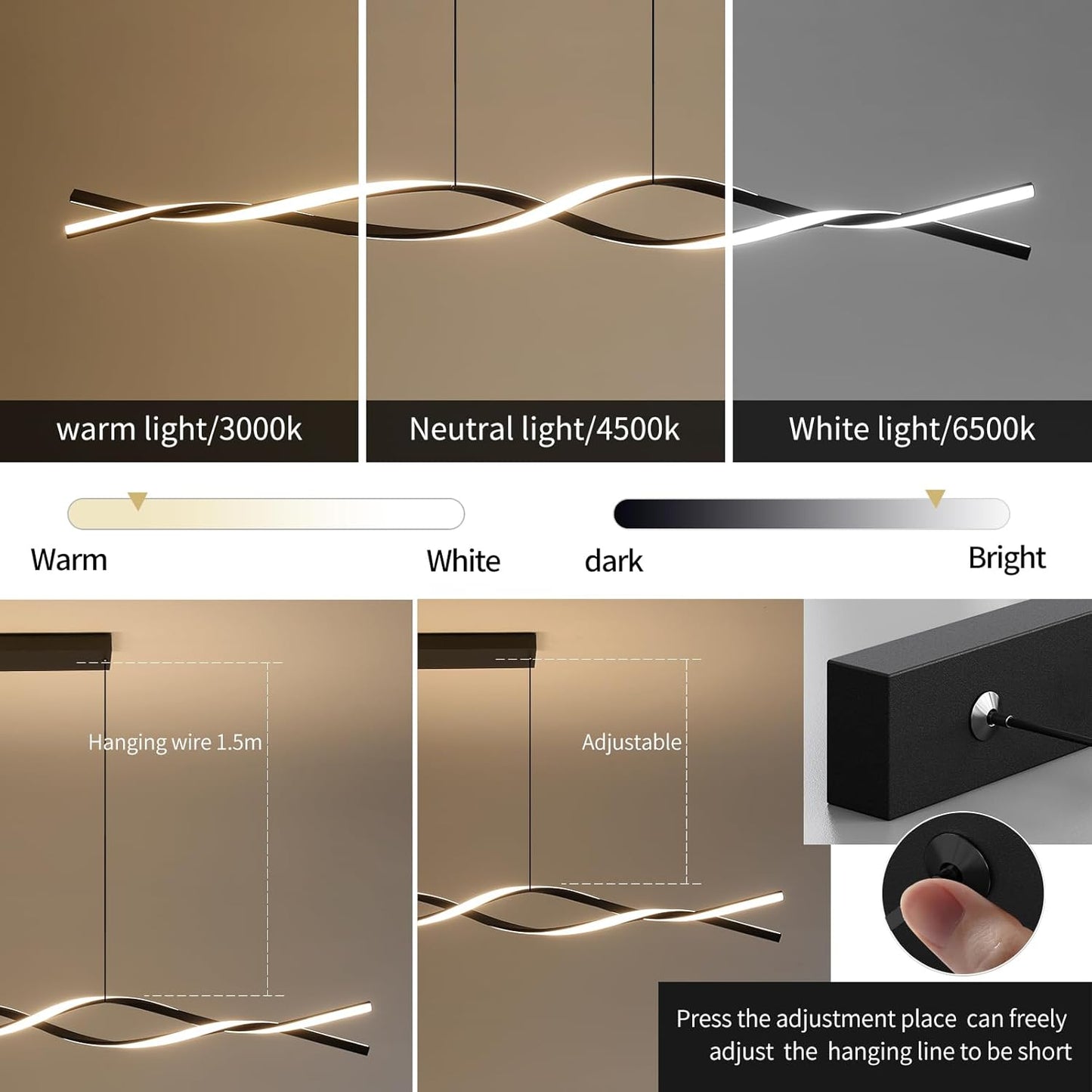 Modern Ceiling Chandelier Light, Acrylic Anti Flicker Pendant Lamp with Remote Control Dimmable 3 Color Mode & Brightness (Warm Cool Neutral Light) for Kitchen Bar Walnut 57in