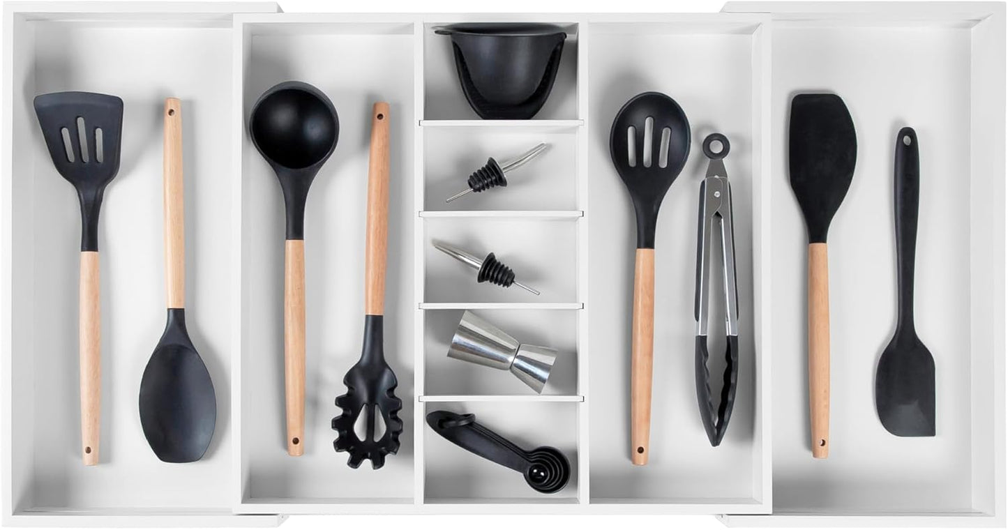 Adjustable Kitchen Drawer Organizer for Utensils and Junk, Food-Safe Contract Grade with 100% Sustainable Wood, Expandable from 19 to 33 Inches Wide - White Bamboo