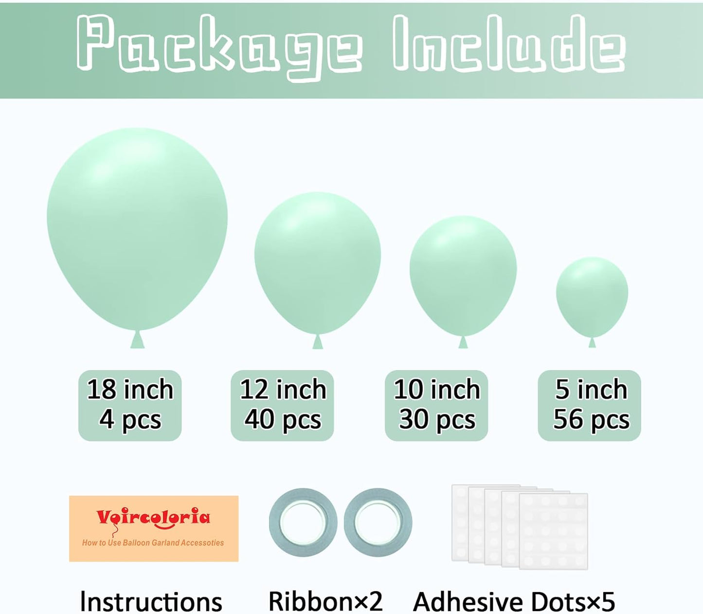 130pcs Mint Green Balloons Different Sizes 18" 12" 10" 5" Pastel Light Green Balloons for Boys Girls Birthday Baby Shower Gender Reveal Wedding Decorations