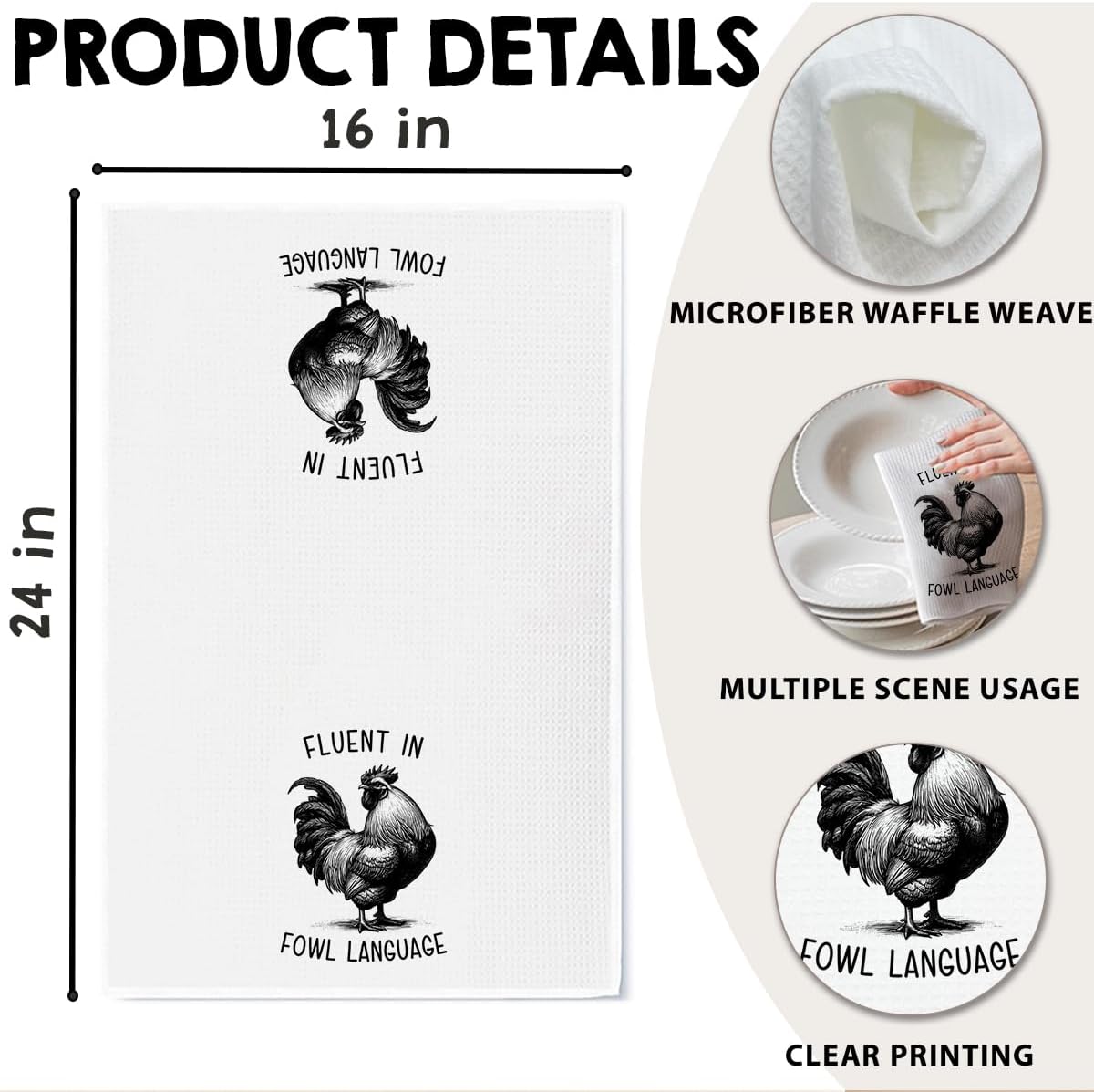 Chicken Dish Towel, Waffle Weave Microfiber Kitchen Cloth, Rustic Rooster Decor Accent, Farmhouse Style Gift for Chicken Lovers, Funny Country Hand Towel for Kitchen Bathroom - A05