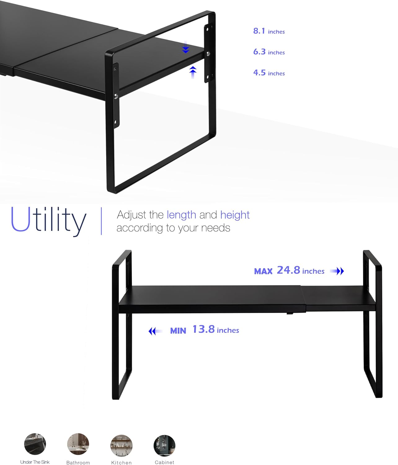 Nxconsu Cabinet Shelf Expandable Height Adjustable Shelf Organizer Riser for Kitchen Cabinet Pantry Cupboard Under Sink Countertop Organization Storage Space Saver Stackable Heavy Duty Metal Black XXL