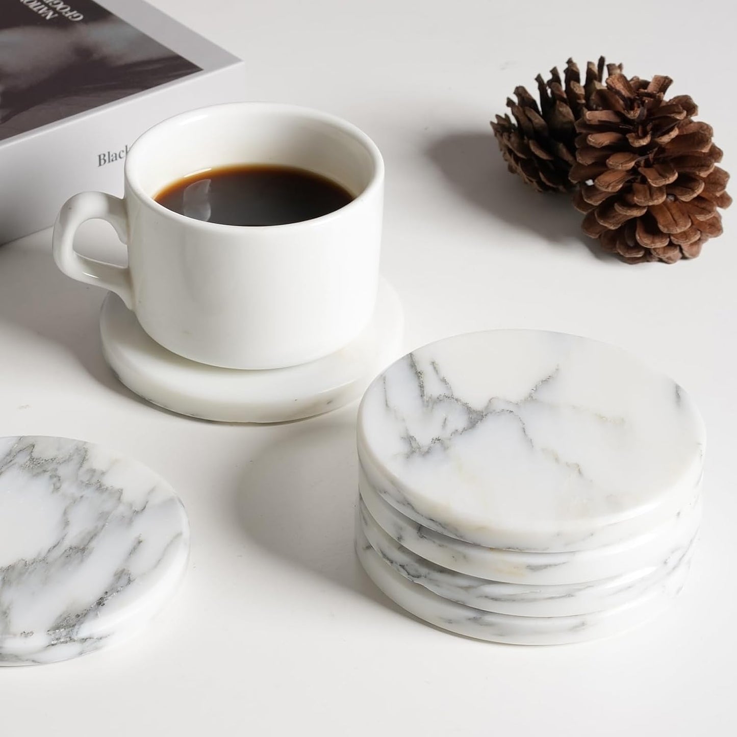 BCS Marble Coasters Set of 6 with Holder - Premium White Stone Drink Coasters, Durable Cup Mats for Coffee, Beer, Wine - Non-Slip Modern Table Decor for Home, Office, Dining