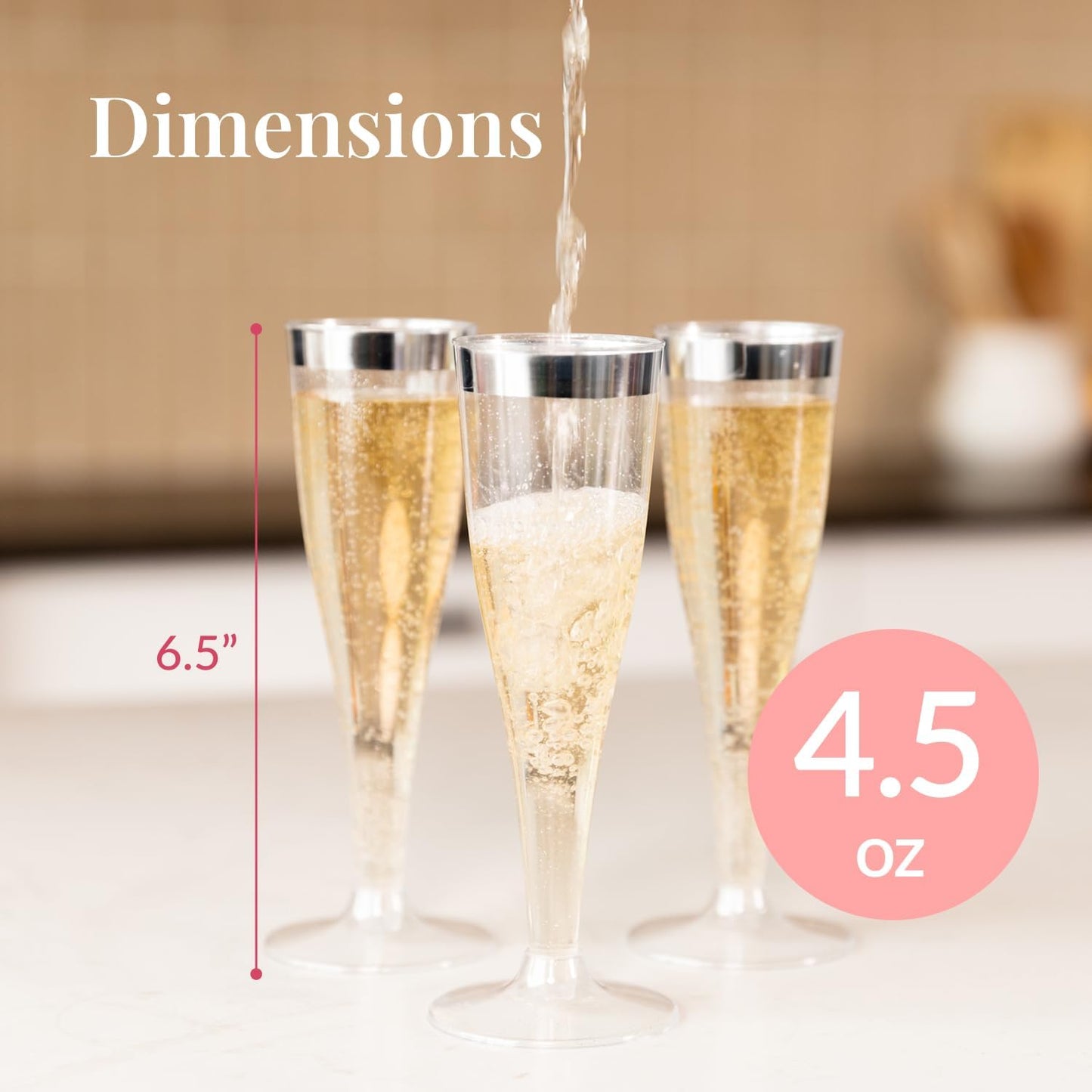 Prestee Set of 24 Silver Glitter Plastic Champagne Flutes - 4.5 oz Capacity - Shatterproof Durable Disposable Glasses - Elegant Design - Ideal for Weddings, Cocktail Parties, and Outdoor Celebrations