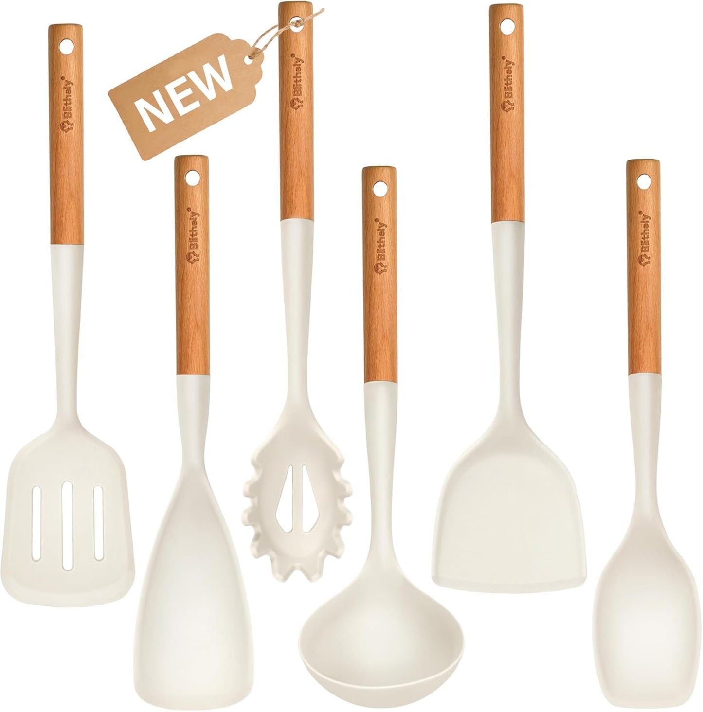 Silicone Cooking Utensils Set, 6 Pack Large Kitchen Utensils Set with Wooden Handle, Heat Resistant Silicone Utensil Spatula Set for Nonstick Cookware, Spatula, Turner, Spoon, Ladle BPA Free (White)
