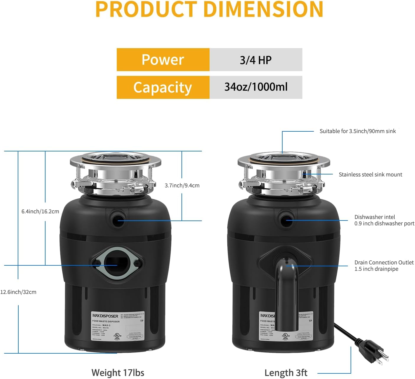 Garbage Disposal 3/4 HP for Kitchen sink Quiet with Stopper Power Cord, Easy install, Continuous Feed Food Waste Disposer Stainless Steel Grind 0.75 Horsepower AC Motor Unit (MAX-4)