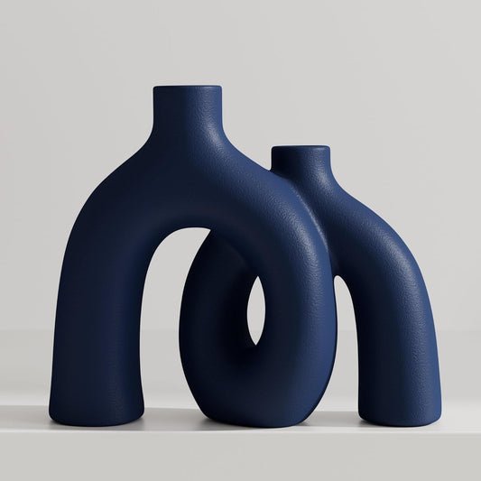 Matte Blue Vase Set - Hug Hollow Donut Aesthetic Ceramic Vases Home Decor, Navy Blue Decor Modern Coastal Decorative Vase for Table Centerpiece Bookshelf Office Entryway Console Fireplace (Navy Blue)