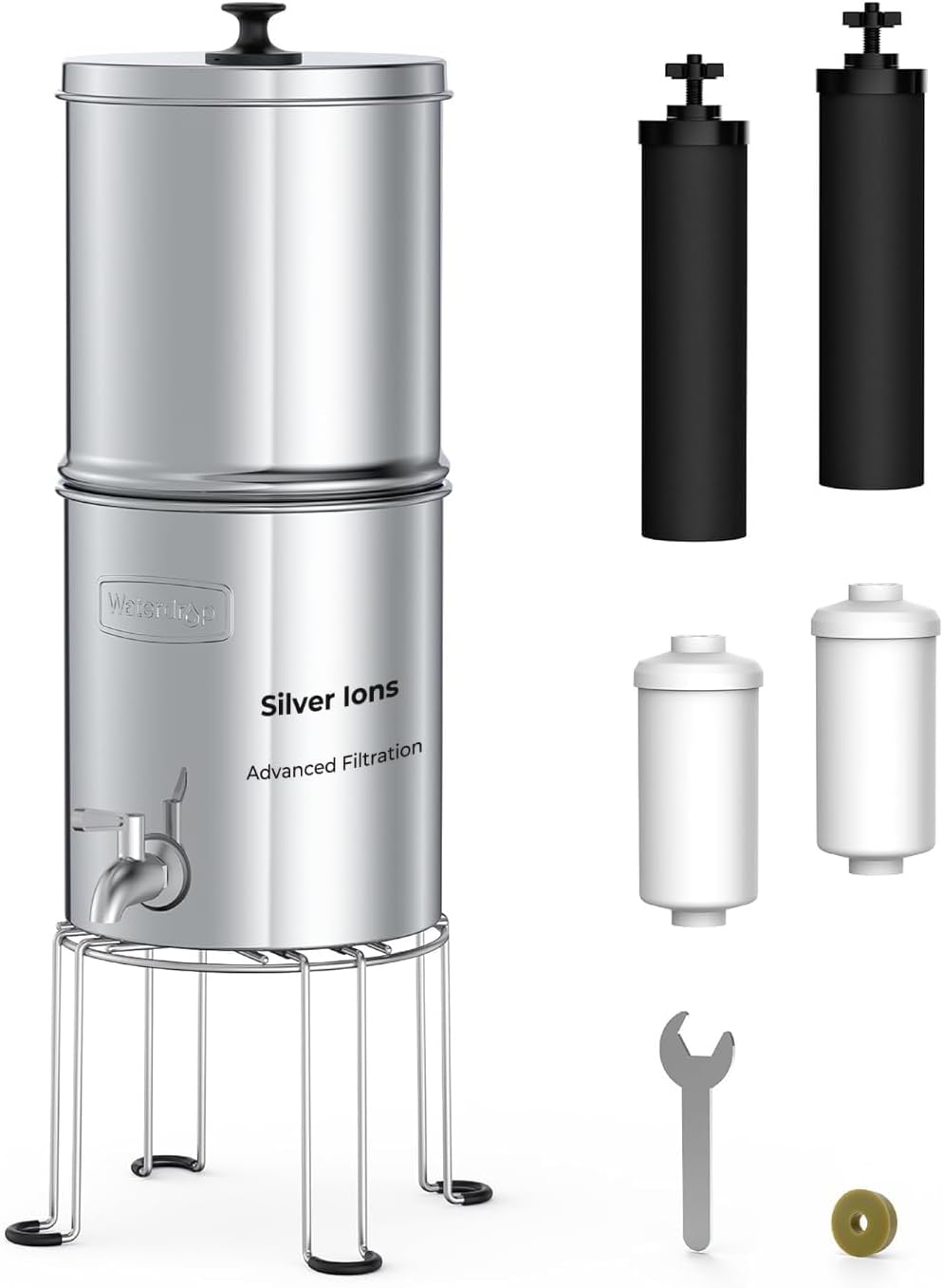 Waterdrop Upgrade Gravity-fed Water Filter System, with Silver Ions Enhanced Filtration, Reduces Fluoride and up to 99% of Chlorine, with 4 Filters and Metal Spigot, 2.25G