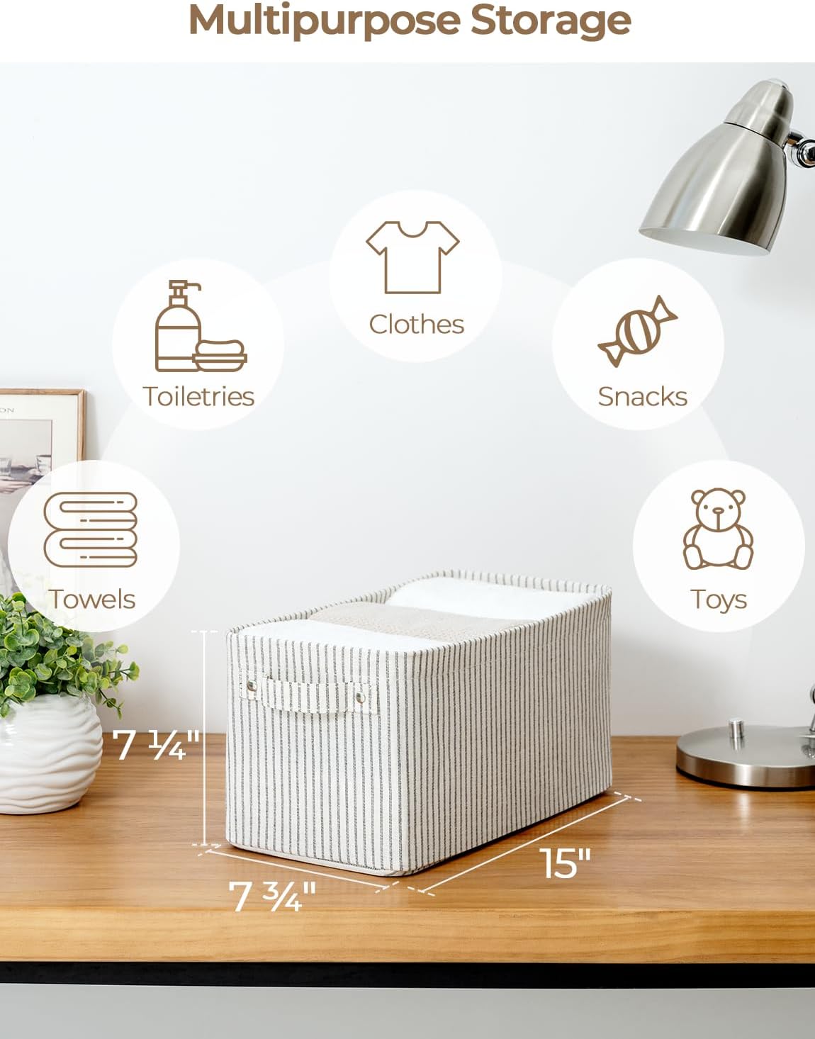 StorageWorks Narrow Storage Bins, Small Basket for Closet and Shelves, Rectangular Fabric Organizer with Handles, Toilet Paper Storage, Gray and White, 2-Pack