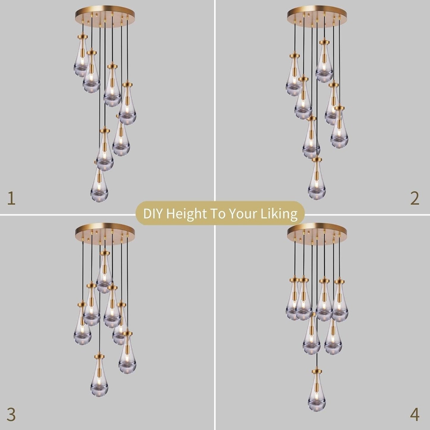 7 Light Raindrop Chandeliers, Brass Teardrop Cluster Pendant Lights Kitchen Island, Gold Dining Room Chandeliers Over Table Hanging Pendant Lighting for High Ceiling, Entryway Staircase