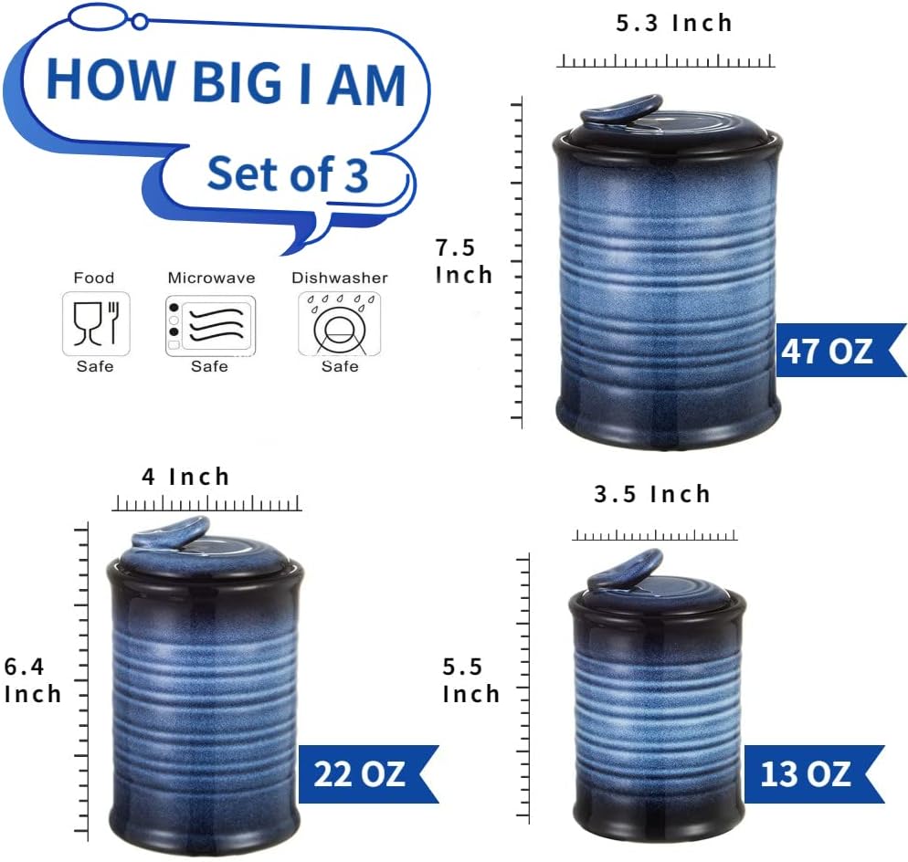 Nihow Food Storage Jar Sets: Ceramic Container with Air Tight Lid for Flour/Sugar/Rice/Coffee/Cookies/Candy - Seal Damp-proof Canister for The Kitchen - Set of 3 （Blue & Black）