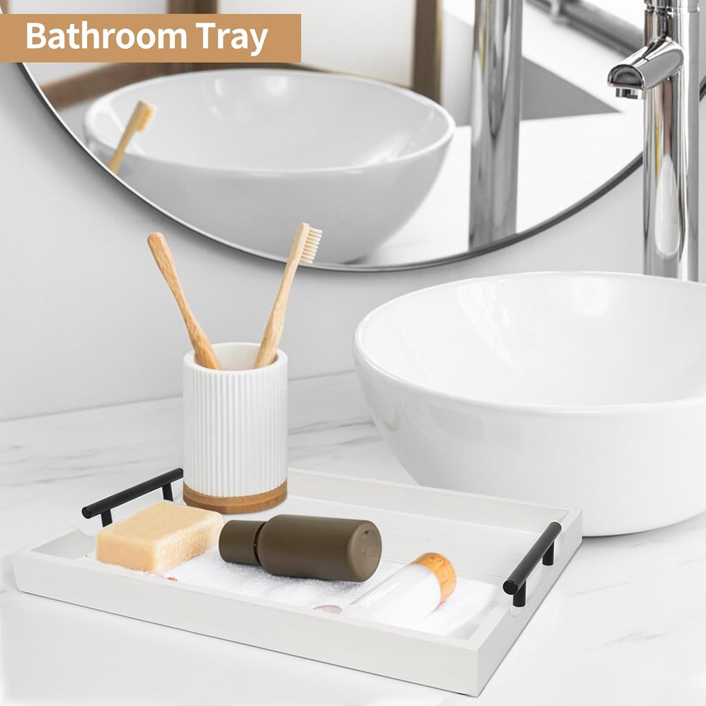 Coffee Table Tray - Large Ottoman Tray for Living Room - Wood Serving Tray with Handles(2 Sets) - Wooden Tray for Coffee Table, 4 Round Coasters Included, White