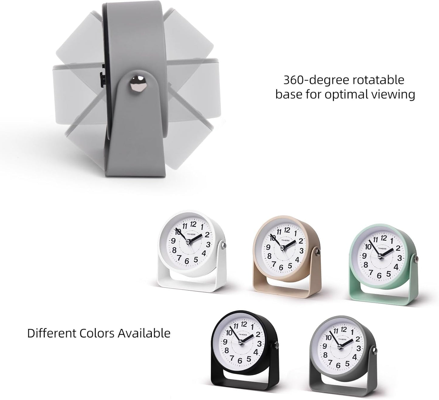 Analog Alarm Clock, Silent Non-Ticking Quartz Movement, Battery-Operated with Snooze & On-Demand Light, Easy to Set Gentle Wake Bedside Desk Clock, Ideal for Home, Travel, Office (Gray)