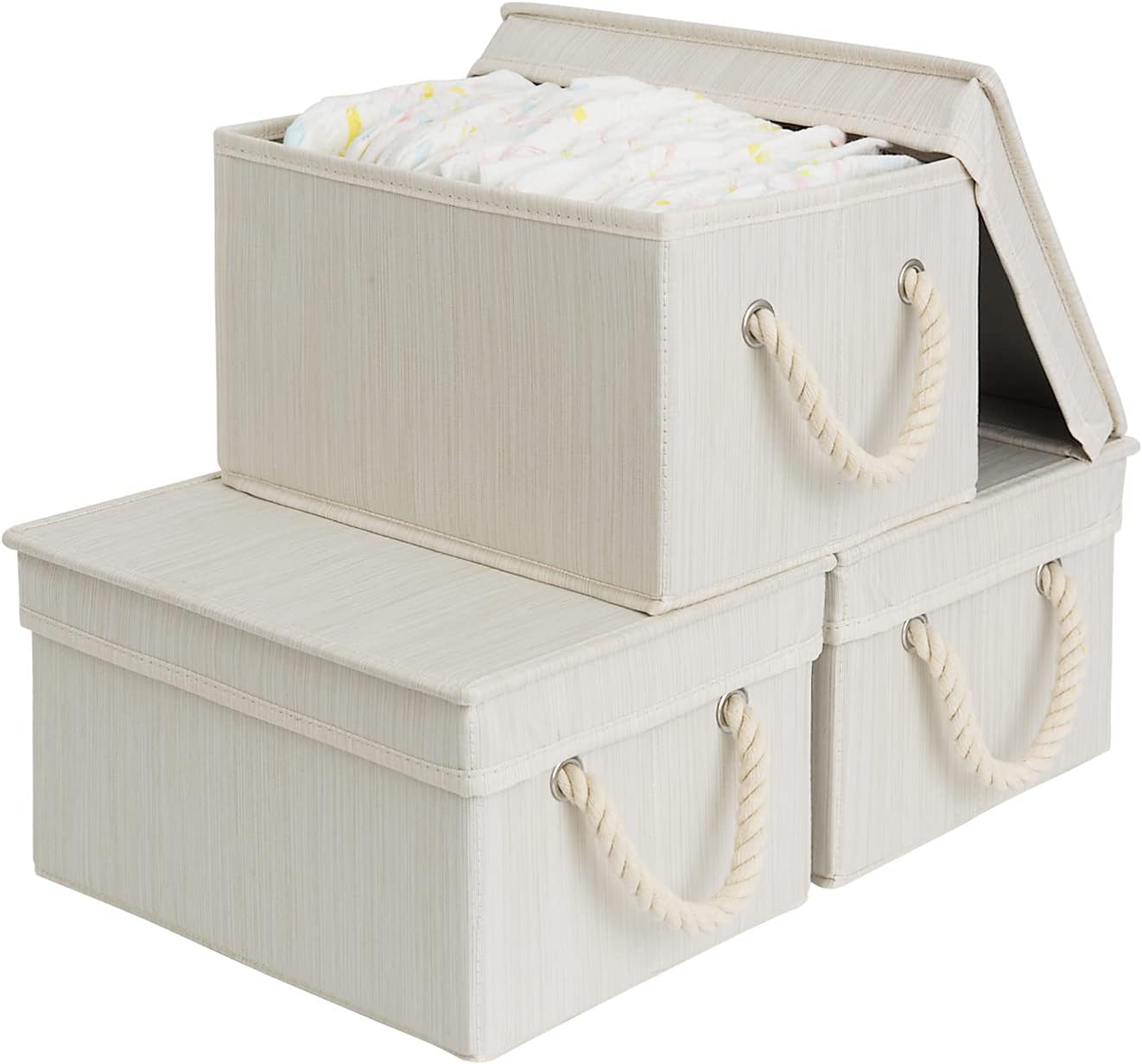 StorageWorks Storage Bins with Lids, Decorative Storage Boxes with Lid and Soft Rope Handles, Foldable Storage Baskets for Closet, Shelves, Stackable, Ivory and White, Medium, 3-Pack