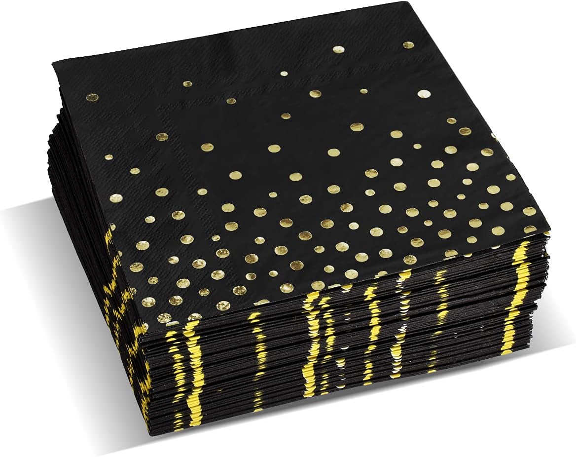 Gatherfun Black and Gold Party Supplies Disposable Napkins Gold Dot Confetti Paper Napkins for Graduation Wedding Anniversary Cocktail Birthday Party Decorations 3-Ply 100 Pack