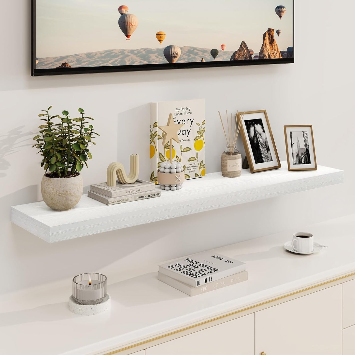 White Floating Shelves 48 Inch Long, 8 Deep Floating Shelves for Wall, Rustic 48" Long Fireplace Mantel, Large 48 x 8 Wall Shelves for Bedroom, Living Room, Bathroom, White Deep Shelves Set of 1