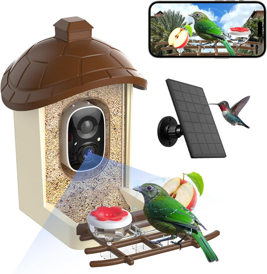 Bird Feeder with Camera, 2K HD Live Video, Smart Bird Cam Solar Powered with AI Birds Species Identification, Auto Capture Video, Instant Arrival Alerts, Best Gifts for Mom Dad