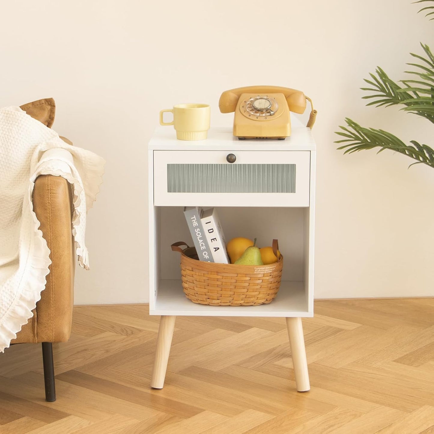 AWASEN White Night Stand, Modern Bedside Table with Glass Storage Drawer and Large Open Shelf, Wood Nightstand Side End Table with Solid Wood Legs for Bedroom, and Small Space, White