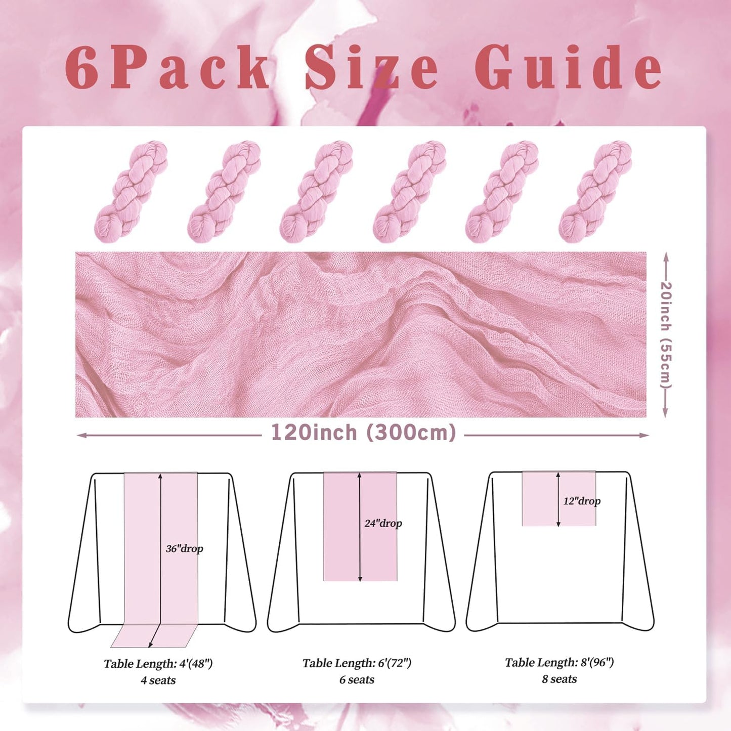 Light Pink Cheesecloth Table Runner 6 Pack 10FT Rustic Gauze Fabric Cheese Cloth Table Runner for Wedding 20 x 120 Inch Long Bridal Baby Shower Table Decorations Boho Sheer Birthday Party Table Decor