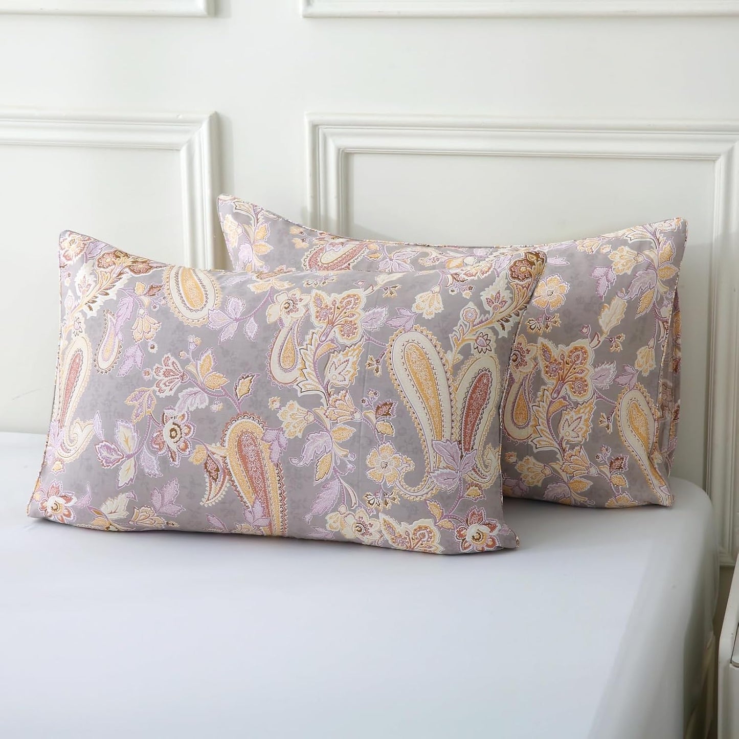 ABREEZE Paisley Bedding Sets 3Pcs Brushed Cotton Duvet Cover Set Queen Size Rustic Damask Gold Floral Comforter Cover with Zipper Closure Boho Bedding Collections