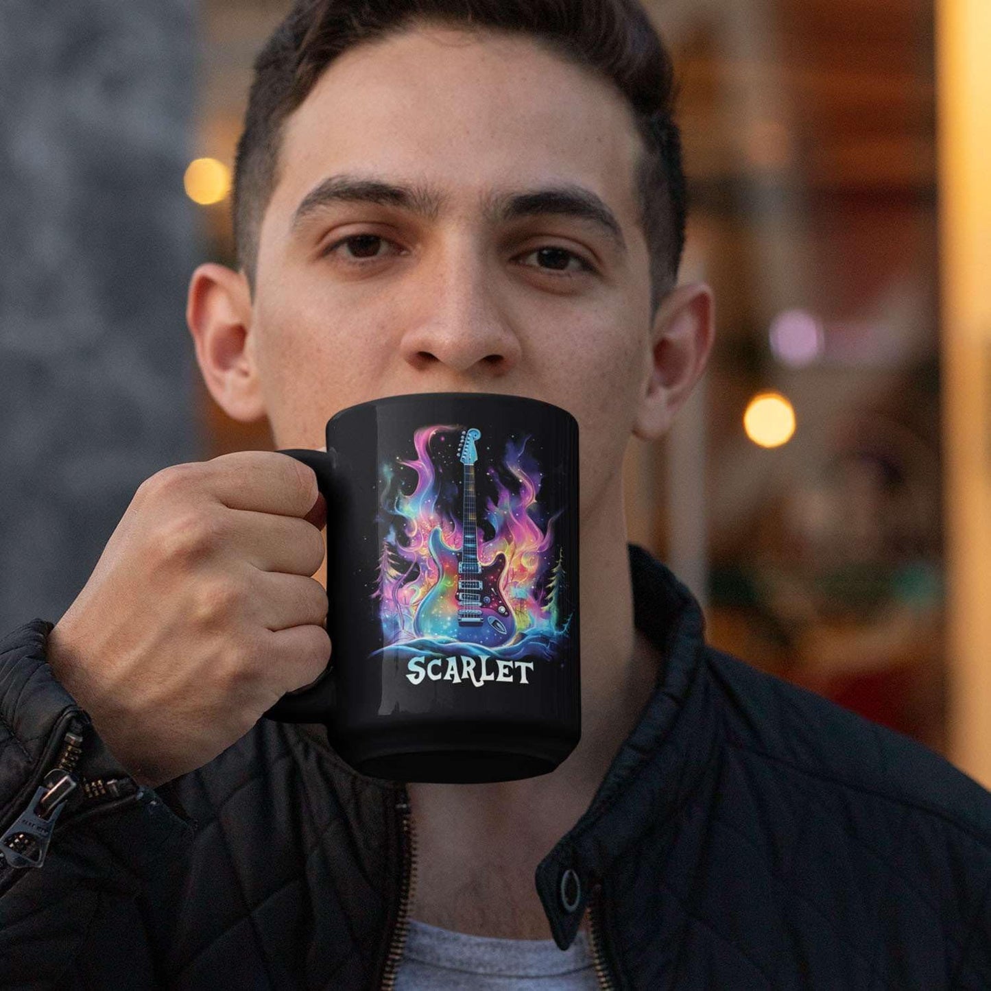 Personalized Electric Guitar Mug 11oz 15oz, Custom Choose Name Coffee Cup, Customized Rock Music Themed Black Mug, Gift For Musicians, Electric Guitar Ceramic Cup With Cosmic Design