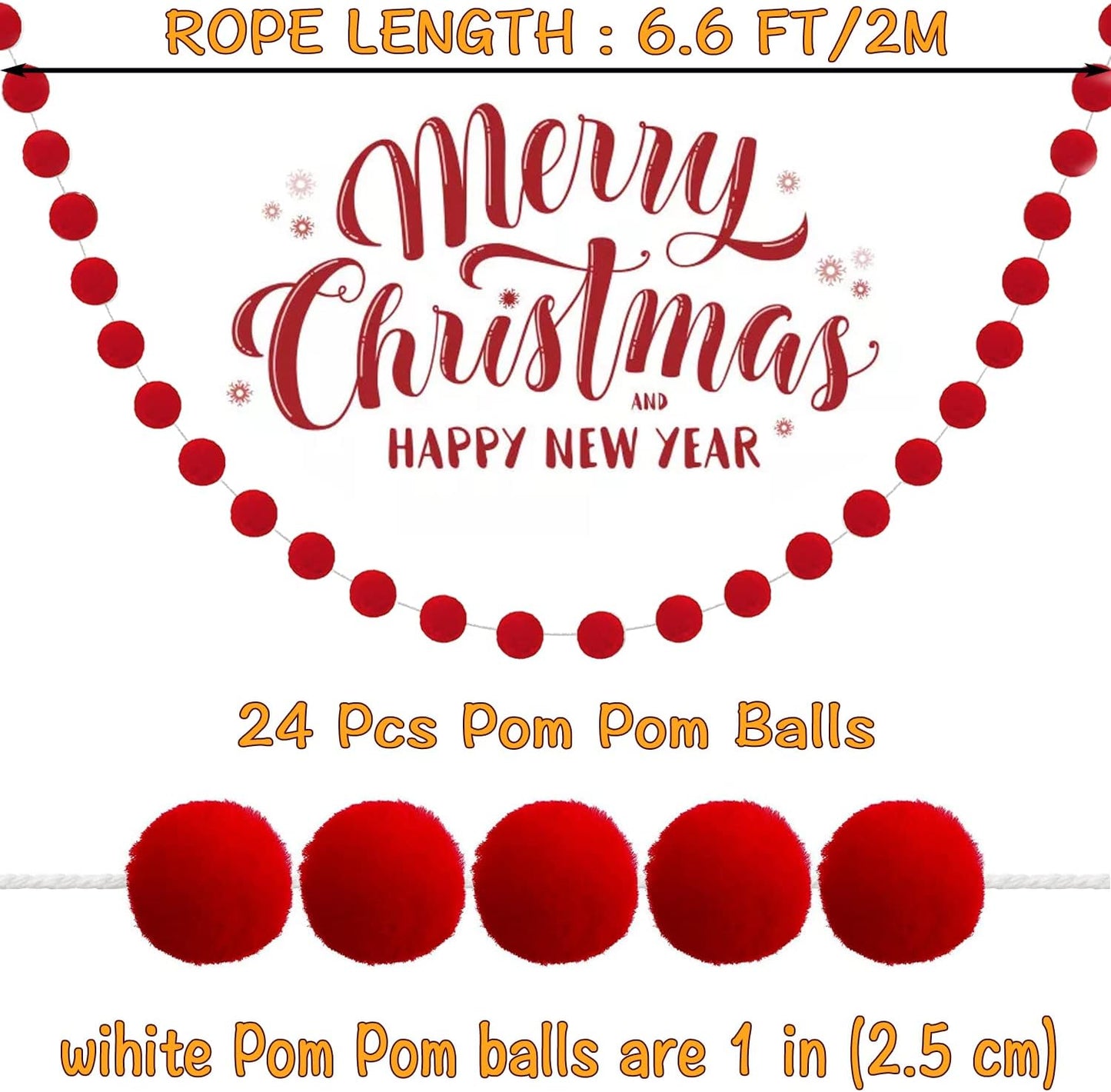 Jishi 3Pk Red Felt Berry Pom Pom Ball Garland Christmas Decorations Indoor Home Decor, Cute Red Berry Christmas Tree Ornaments, String of Pompom Bead Garland Hanging Xmas Holiday Birthday Party Banner