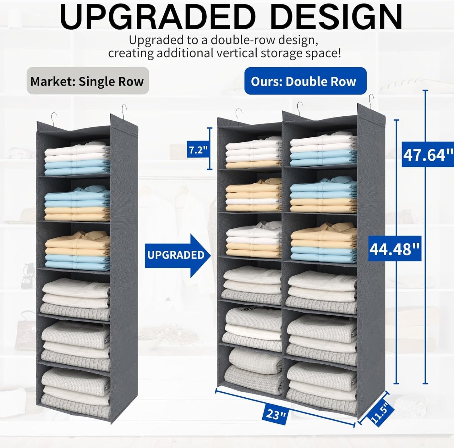 Dual-Row 6 Tier Shelf Hanging Closet Organizer and Storage, 12 Pockets Clothes Storage Shelves with 3 Sturdy Hooks for Clothing Organization, Dorm Room Essentials for Girls, Foldable, Grey