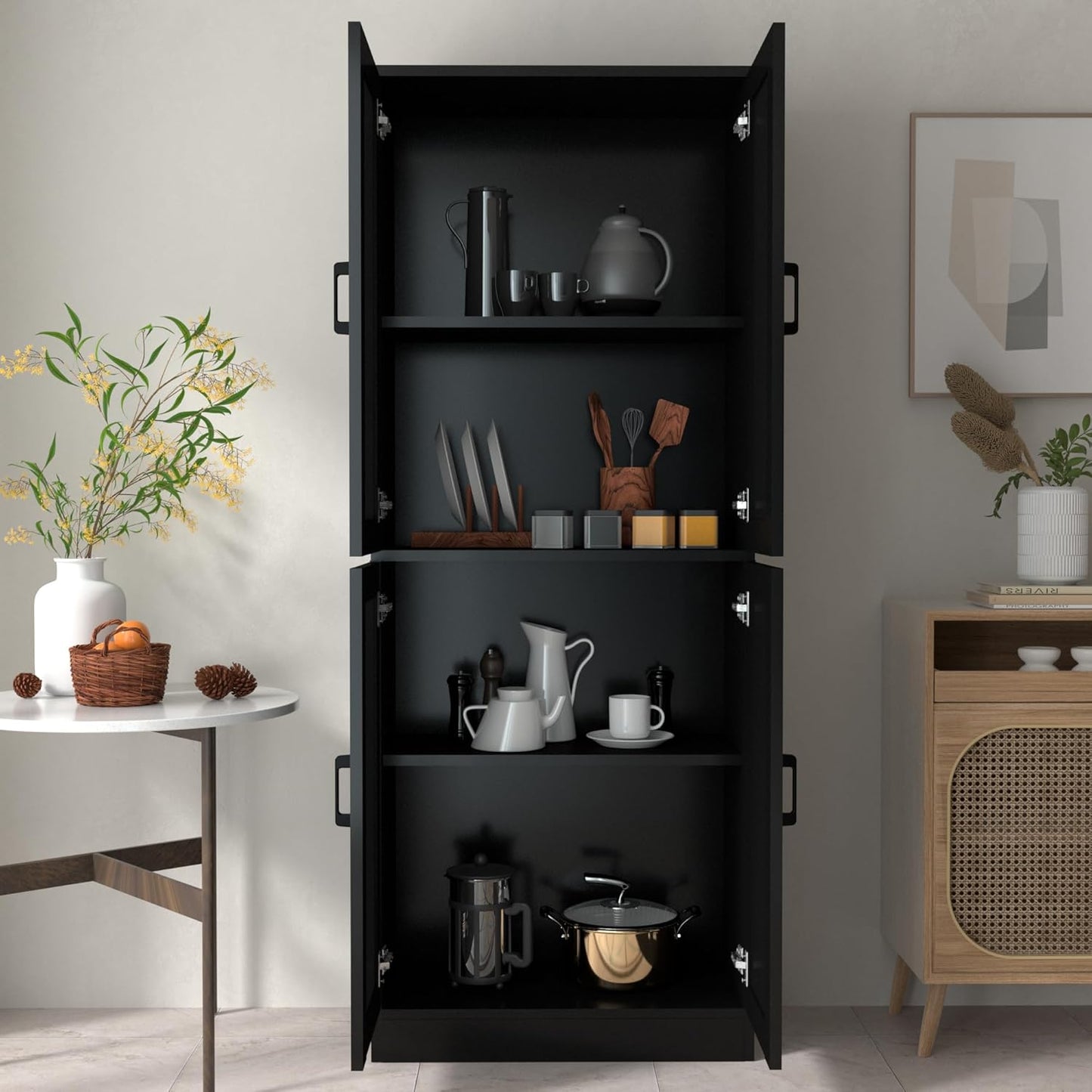 Black Rattan Kitchen Pantry, 71" Tall Storage Cabinet with Doors, Boho Hutch for Dining Room