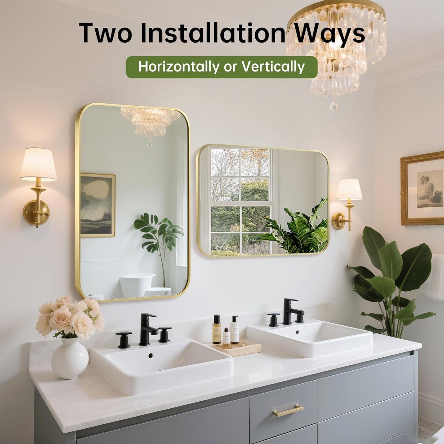 FARMER 20x30 Inch Gold Bathroom Mirror, Rectangle Vanity Mirror, Brushed Mirrors for Wall, Metal Frame Hanging Mirror with Round Corner for Bedrooms, Entryways, Living Rooms, Horizontal/Vertical