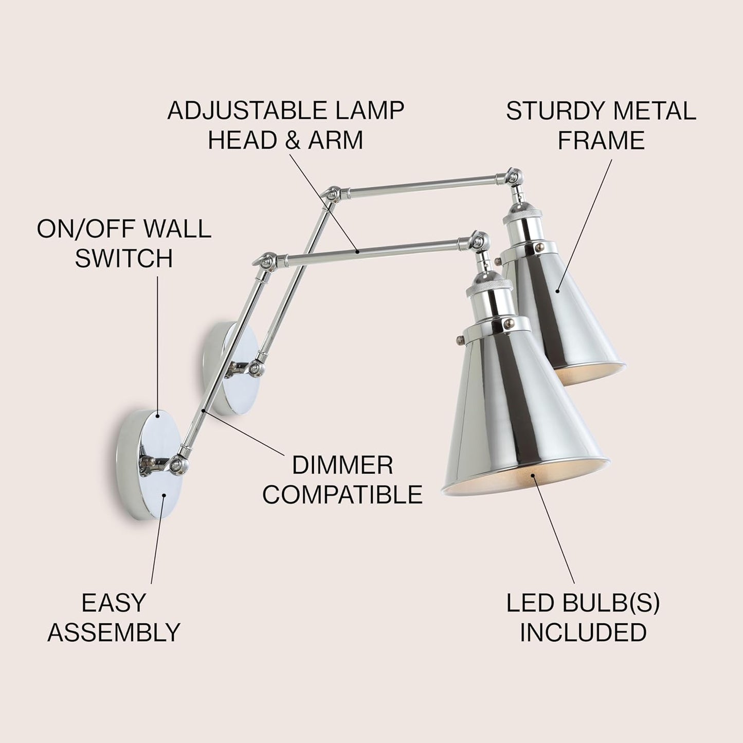 JONATHAN Y JYL7460A-SET2 Rover 7" Farmhouse Industrial Adjustable Arm Metal LED Wall Sconce Rustic Bohemian 2700K LED 4W Bulb for Entryway Lobby Kitchen Bathroom Bedroom Hallway, Chrome (Set of 2)