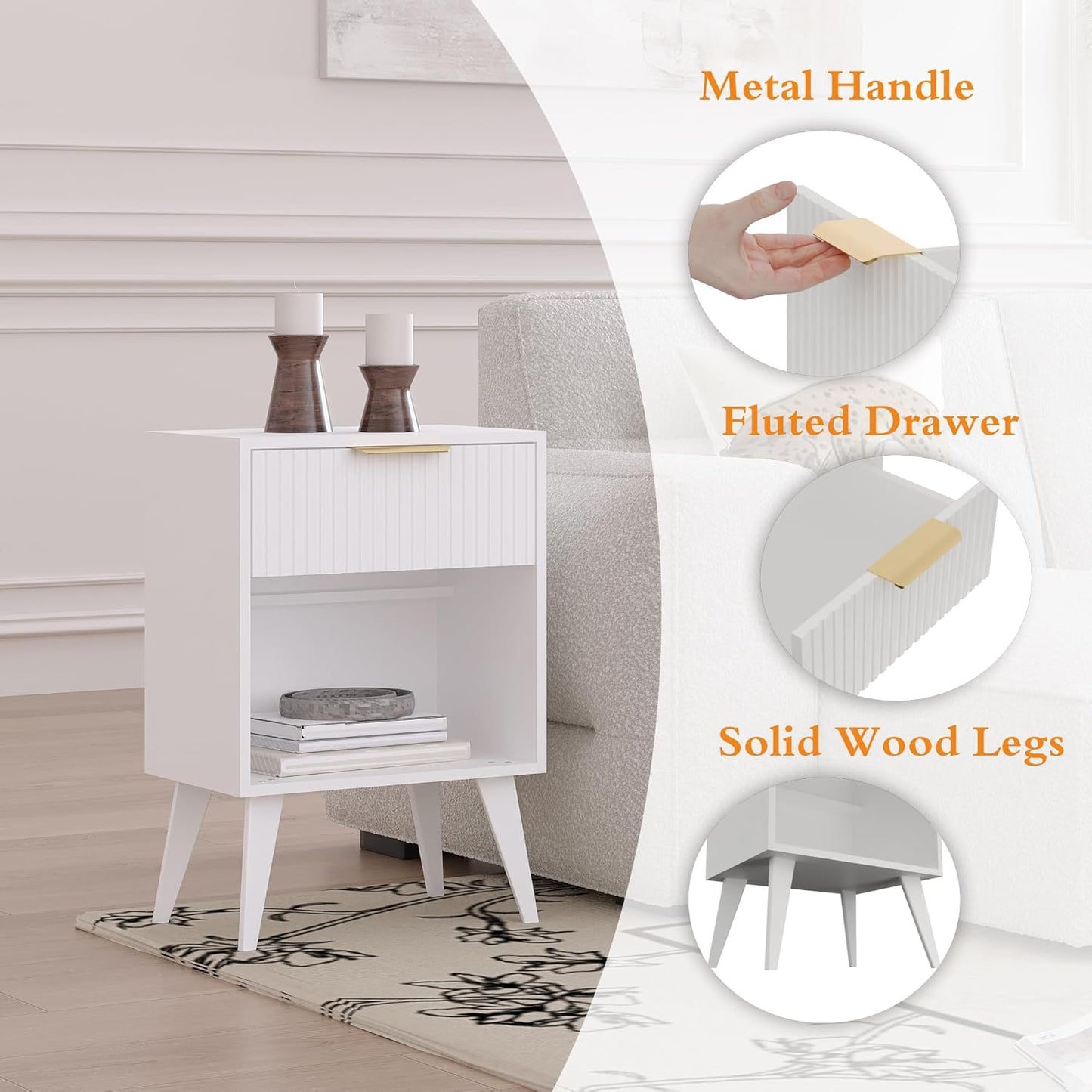 Fluted Night Stand with Opening Storage,Mid Century Bedside Table with Drawer,Modern Nightstand with Solid Wood Legs,End Table Side Table for Living Room,Bedroom,White CTG56W