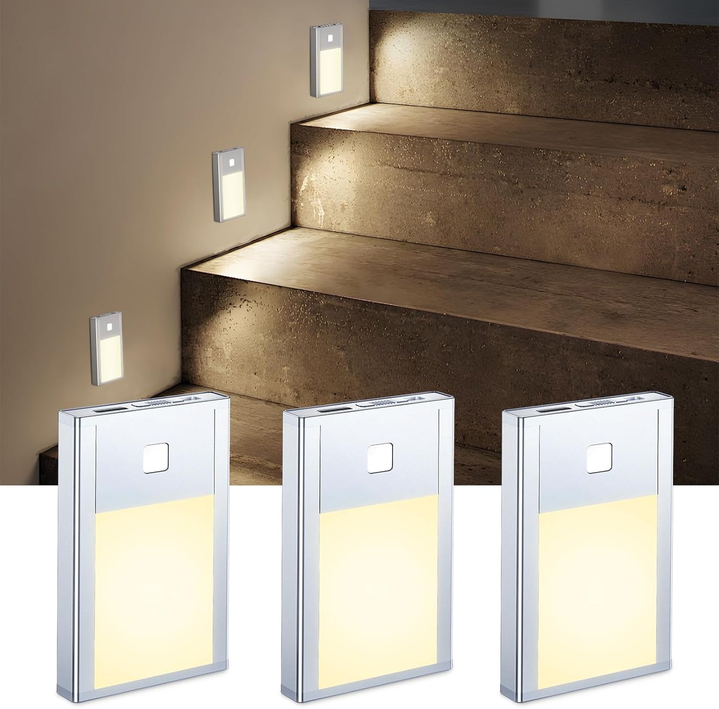 VST Motion Sensor Night Light, Rechargeable Battery Powered Led Light with Magnetic Suck Installation for Bedroom Hallway Stair Nursery Kids Room (2.68 inch 3000K 3Pack Silver)