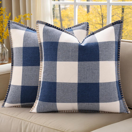 decorUhome Buffalo Plaid Check Throw Pillow Covers 18x18 Set of 2, Outdoor Decorative Farmhouse Neutral Pillow Covers with Stitched Edge for Bed Couch Sofa, Navy Blue and White