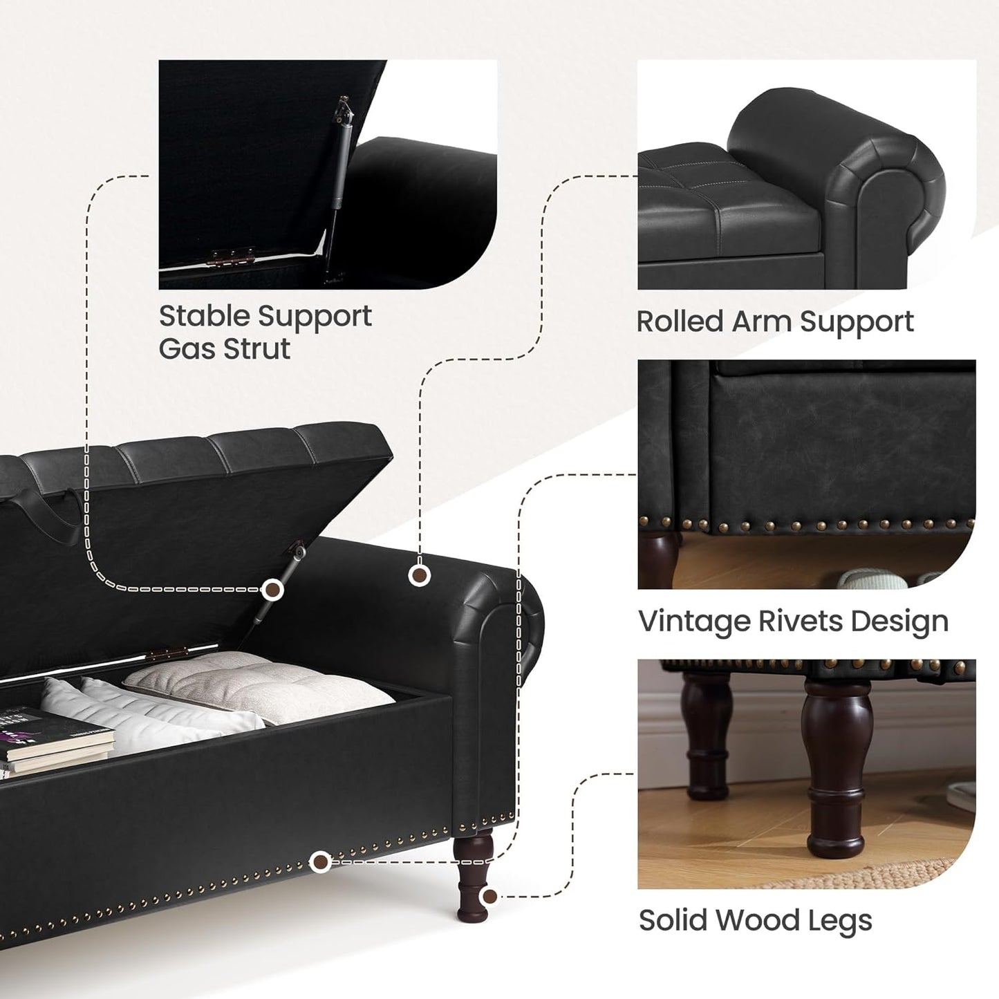 60" Storage Ottoman Bench for Bedroom, Full Queen Storage Bench with Button, Upholstered Bedroom Bench with Rolled Arms for Living Room, Storage Room, Entryway, Black