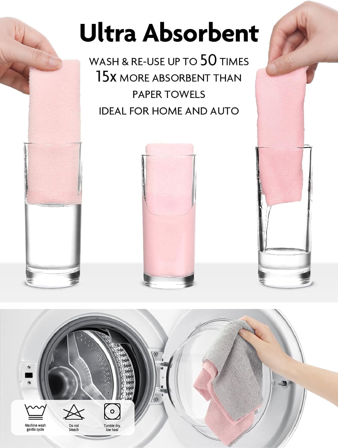 Fantasticlean Microfiber Cleaning Cloth Roll -60 Pack, Tear Away Microfiber Towels, 12" x 12", Reusable, Washable, Scratch Free, Ultra Absorbent Dish Rags for Car, Home, Garage or Shop (Pink & Grey)