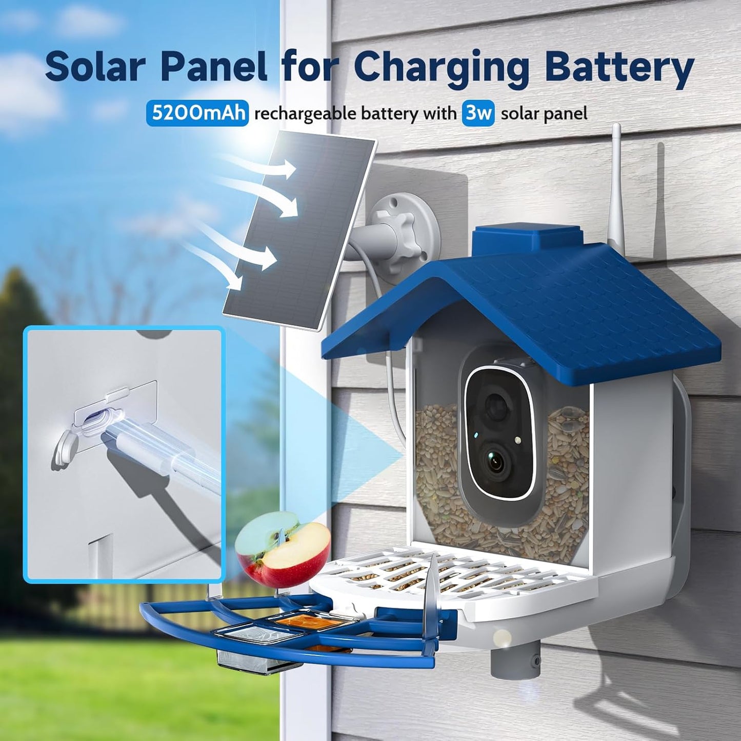 Bird Feeder with Camera Bird Feeders for Outdoors with Solar Panel, AI Identification, Ideal Gift for Lovers Friends and Parents, Navy Blue