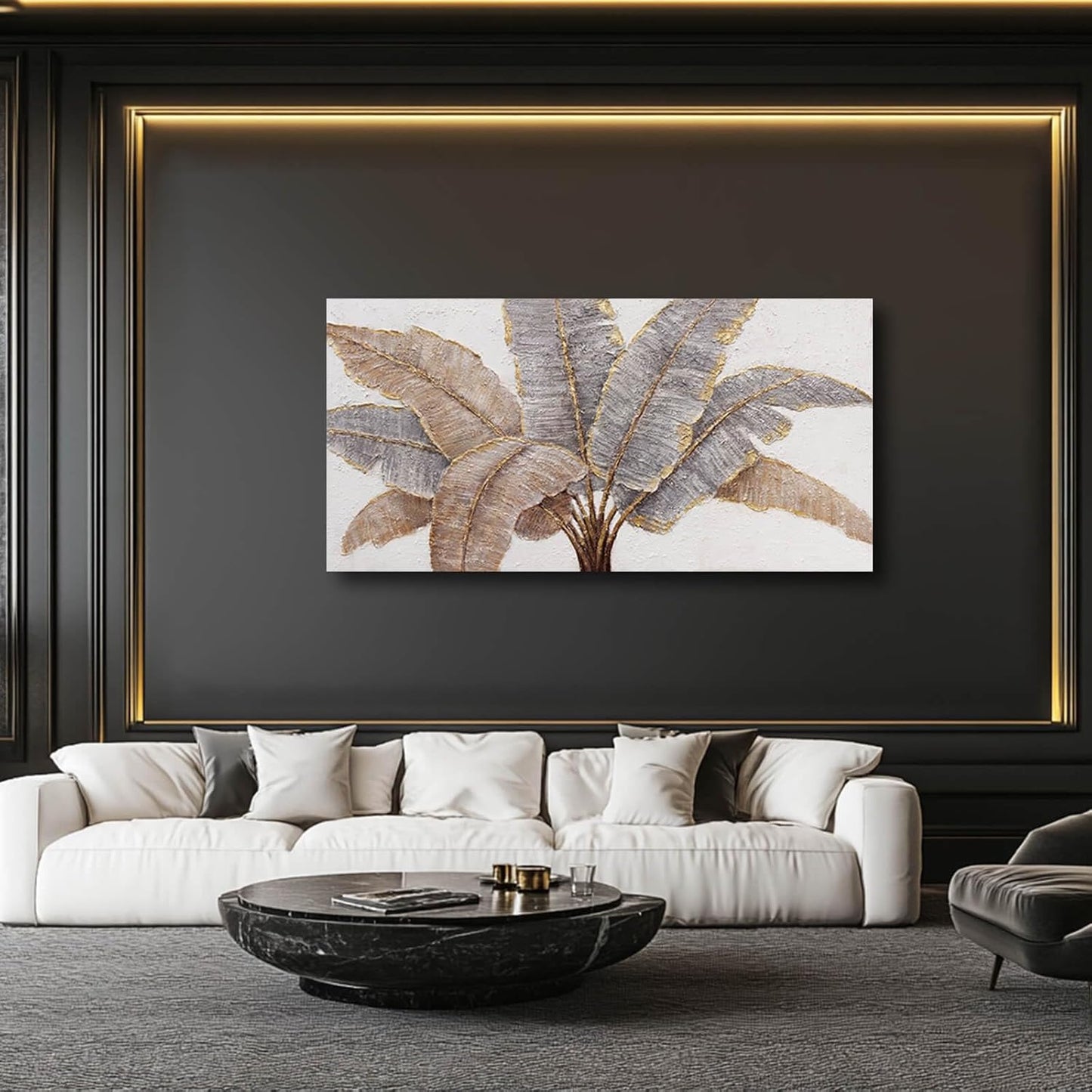 White and Gold Canvas Wall Decor Textured Wall Art Leaves Artwork for Living Room Office Contemporary Art Plant Picture for Home 29x58 Inch