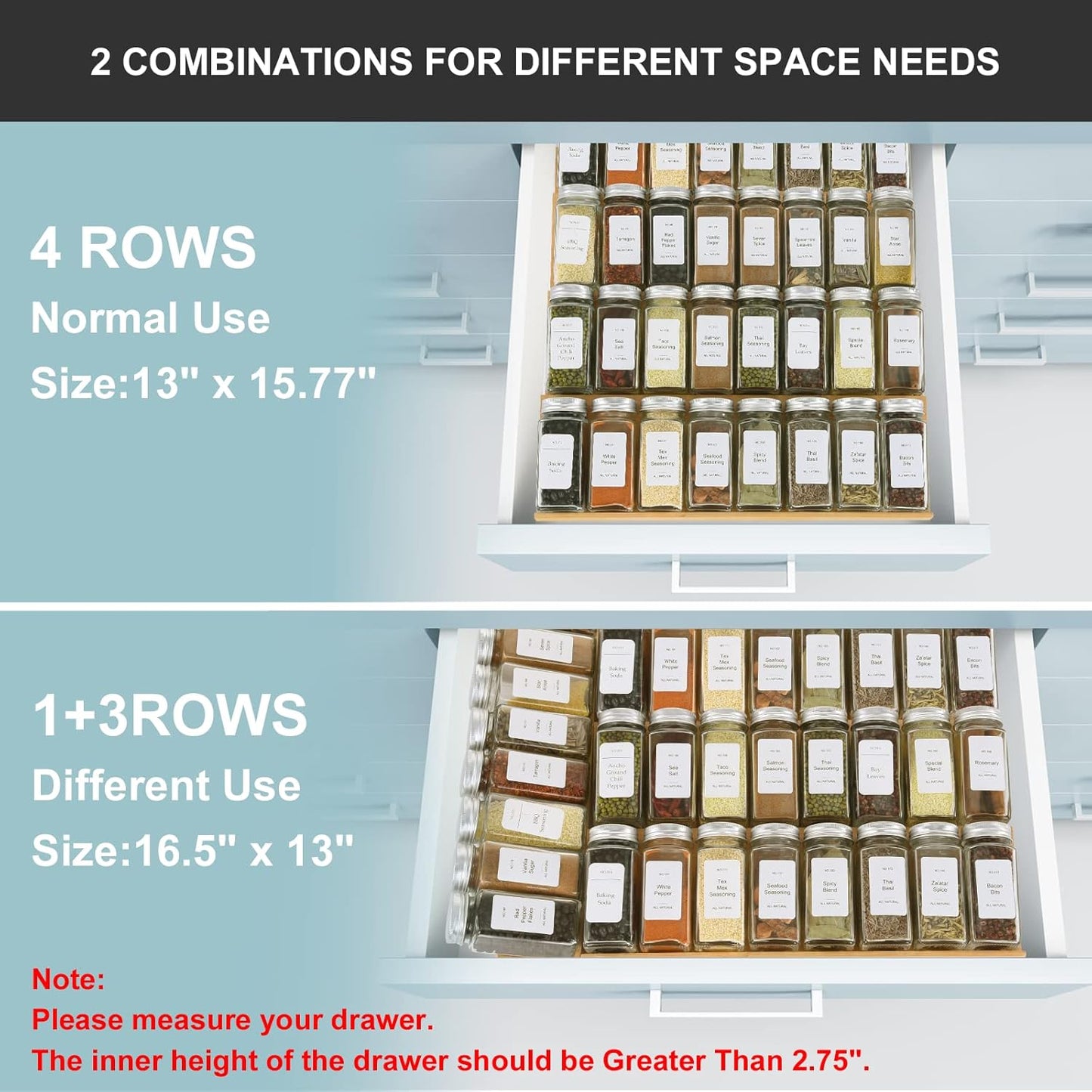 Spice Drawer Organizer with 24 Spice Jars and 216 Labels,Non-slip Rubber, Bamboo 4 Tier Spice Racks Tray Seasoning Containers for Kitchen Drawers,Cabinets,Countertops,13" Wide * 15.8" Deep