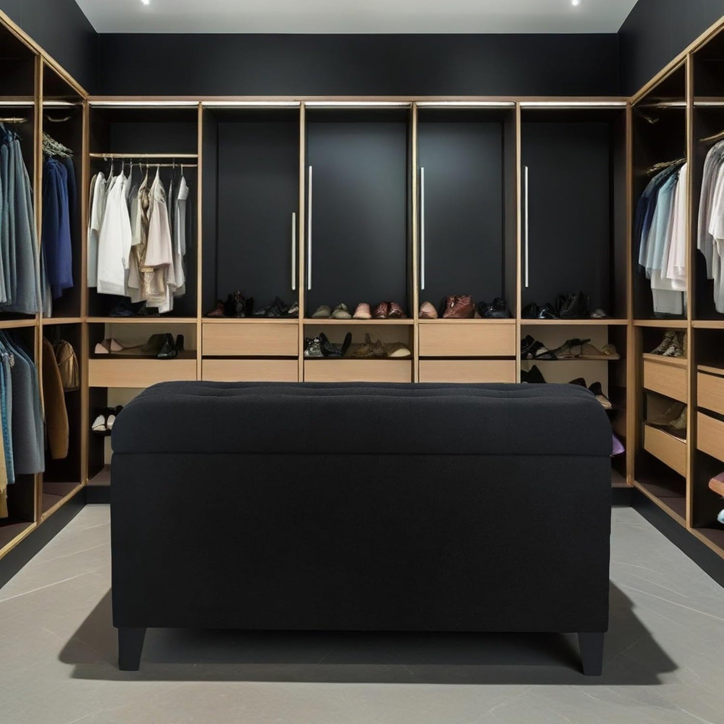 Asense Storage Ottoman Bench, Tufted Fabric Upholstered End of Bed Bench with Safety Hinge Wooden Legs, for Entryway Bedroom (Cotton and Linen Black, 33.3")