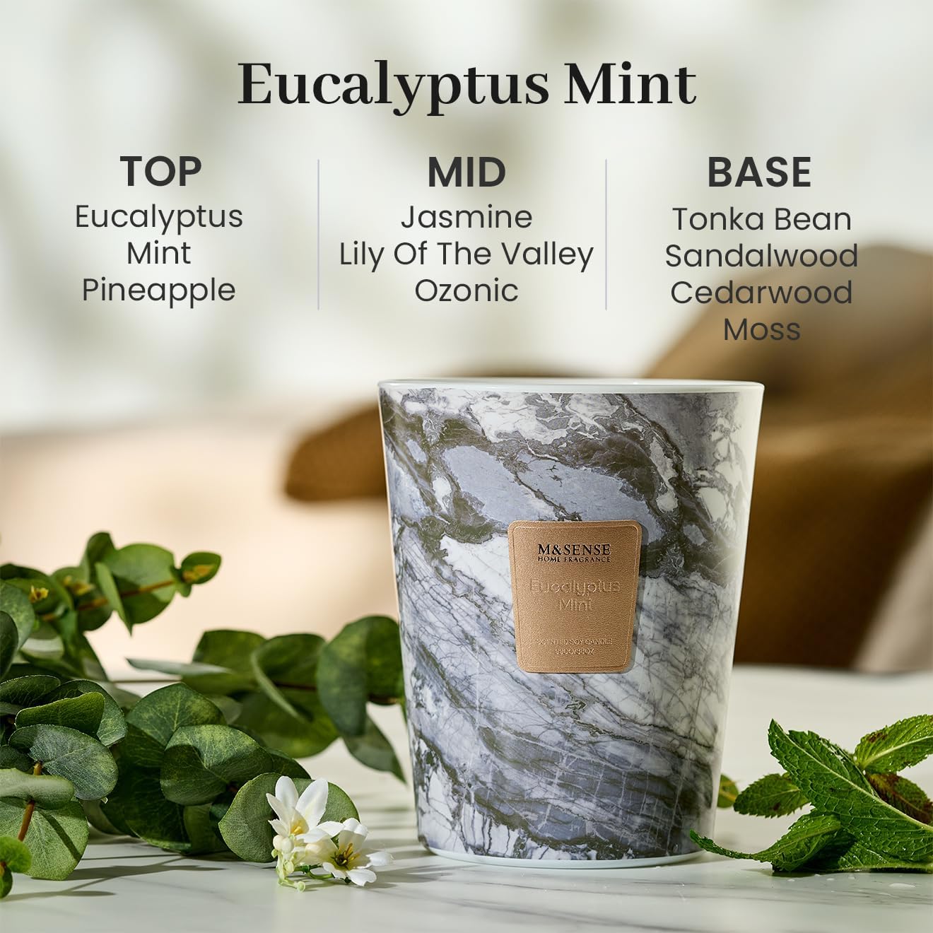 M&SENSE EucalyptusMint Scented Candles for Home, 3-Wick Highly Scented Jar Candles, Extra Large Candle 35 Oz 150 Hours Long Lasting Burning, Relaxing Aromatherapy Candle for Stress Relief, Meditation