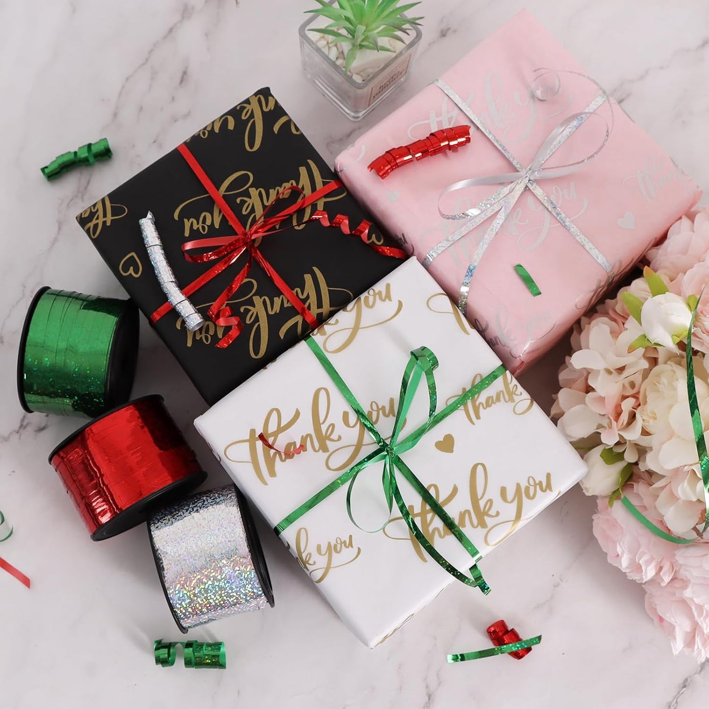 BEISHIDA 3 Pack Christmas Curling Ribbons Red Green Silver Balloons String Ribbons for Gift Wrapping Party Decorations（Total 300 Yards）