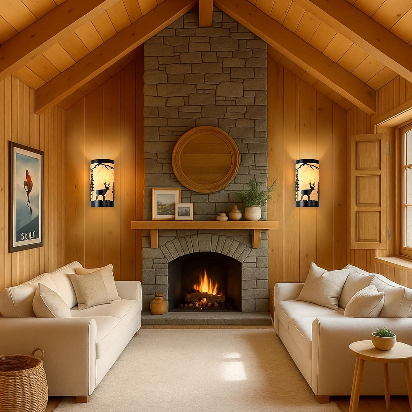 Wall Sconce Light,Deer Metal Yellow Parchment Farmhouse Wall Sconce,Rustic E26 Base Wall Mount Lamp,Vintage Matte Black Bedroom Wall Lights,Indoor Wall Lamps for Living Room,Hallway,Porch