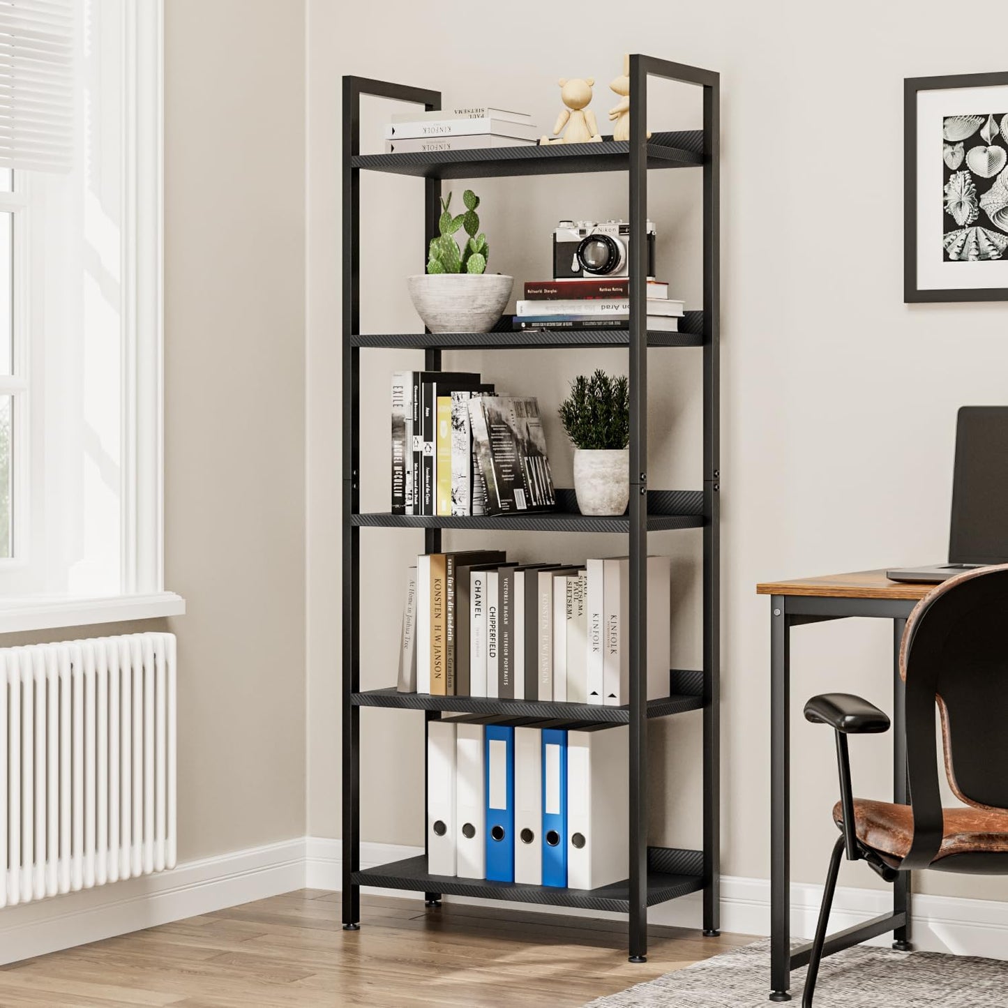 NUMENN Bookshelf, 5 Tier Bookshelves, Home Office Bookcase Shelf Storage Organizer, Free Standing Storage Shelving Unit for Bedroom, Living Room and Home Office, Carbon Fibre