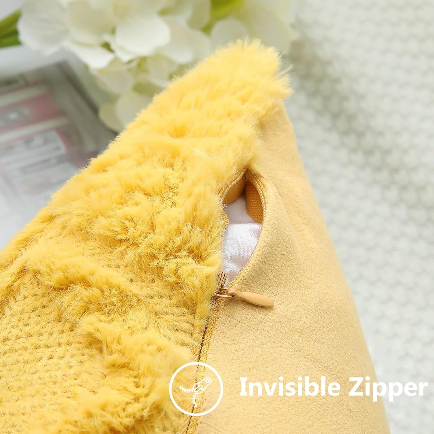 decorUhome Throw Pillow Covers 20x20 Inch Set of 2, Soft Plush Decorative Faux Fur Mustard Yellow Solid Couch Pillow Covers, Accent Farmhouse Neutral Square Euro Pillow Cases for Sofa Bed Living Room