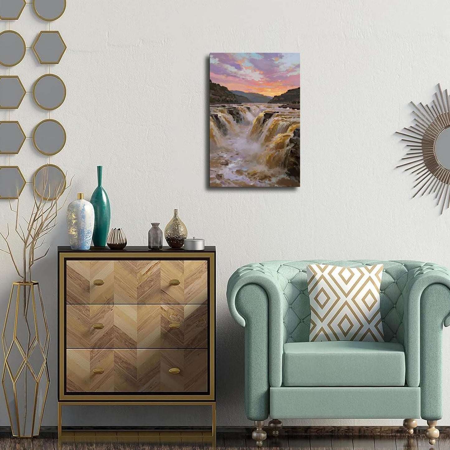 The surging waterfall scenery in the canyon is suitable for posting in the living room bedroom and office landscape posters