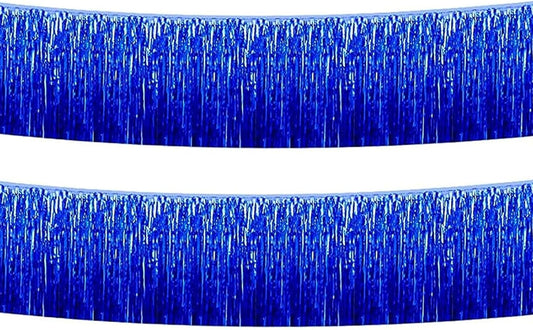 Blue Foil Fringe Garland 10FT 2packs, Metallic Foil Tinsel Fringe Banners for Parade Float Decorations Wedding, Birthday Party Graduation (Two Blue)