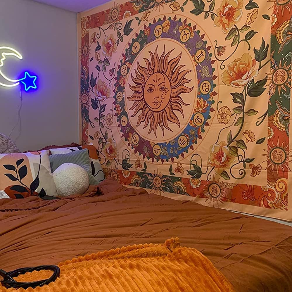 Aipon Yellow Sun and Moon Tapestry Indie Tapestries Boho Orange Flower Floral Tapestry Wall Hanging Cool Vintage Aesthetic Wall Tapestry for Bedroom Living Room Dorm (90.6'' × 70.8'', Orange)