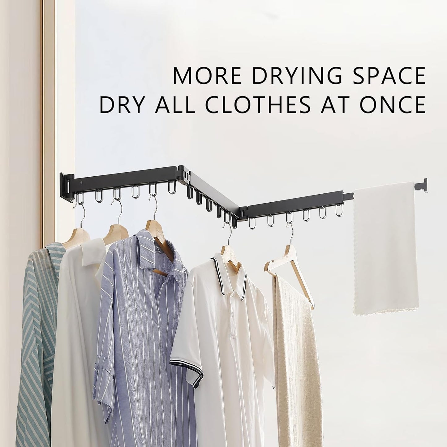 Clothes Drying Rack Wall Mounted, Laundry Drying Rack Collapsible, Space Saving Wall Drying Rack Clothing Foldable, Tri-Fold Retractable Rack Outdoor Indoor with 18 Hooks(Black，Loop-Shape Hooks)